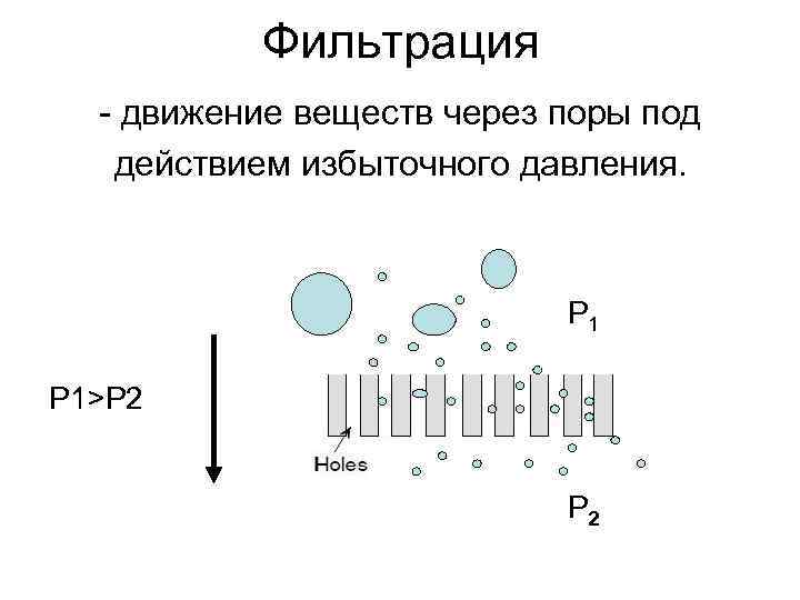 Фильтрация - движение веществ через поры под действием избыточного давления. Р 1>Р 2 