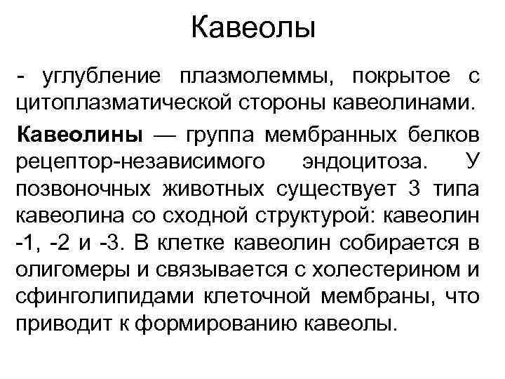 Кавеолы - углубление плазмолеммы, покрытое с цитоплазматической стороны кавеолинами. Кавеолины — группа мембранных белков