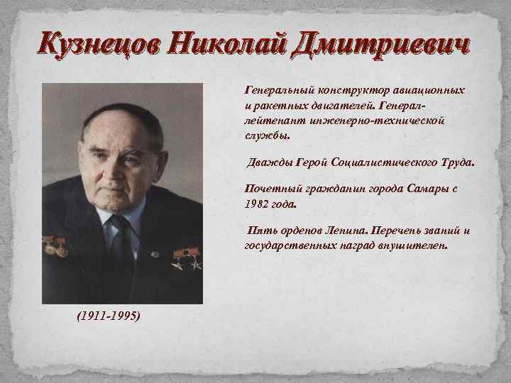 Кузнецов Николай Дмитриевич Генеральный конструктор авиационных и ракетных двигателей. Генераллейтенант инженерно-технической службы. Дважды Герой