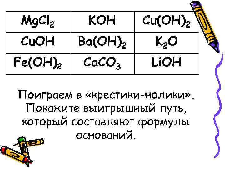 Mg. Cl 2 KOH Cu(OH)2 Cu. OH Ba(OH)2 K 2 O Fe(OH)2 Ca. CO