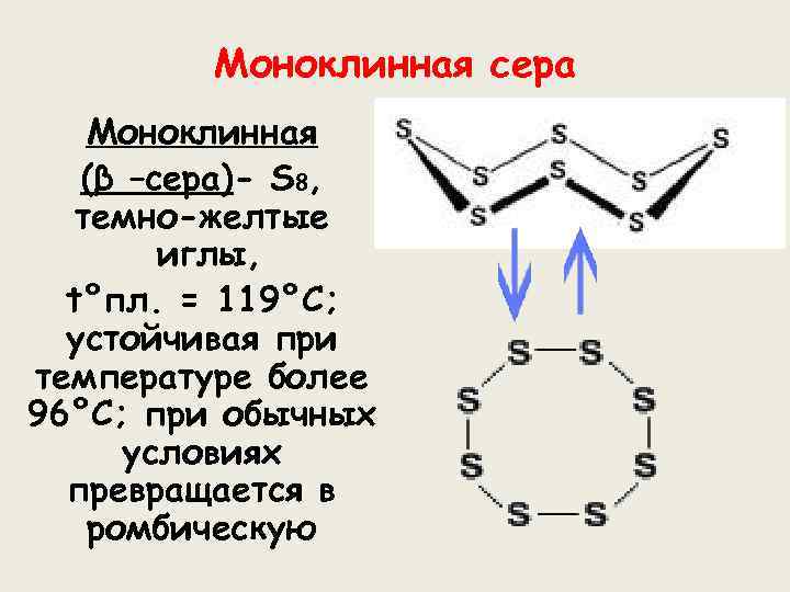 Моноклинная сера Моноклинная (β –сера)- S 8, темно-желтые иглы, t°пл. = 119°C; устойчивая при