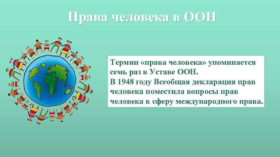 Права человека в ООН Термин «права человека» упоминается семь раз в Уставе ООН. В