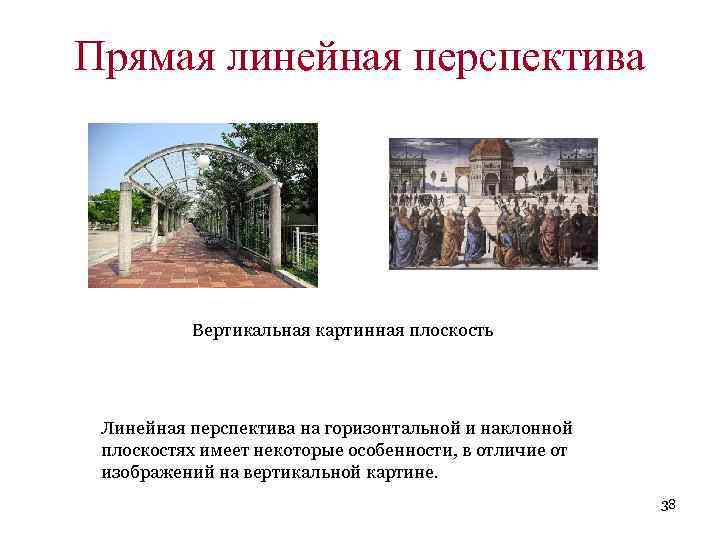 Прямая линейная перспектива Вертикальная картинная плоскость Линейная перспектива на горизонтальной и наклонной плоскостях имеет