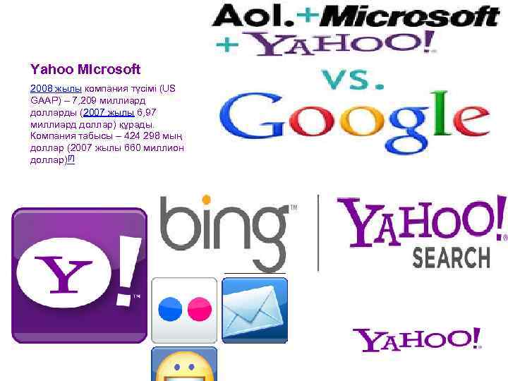 Yahoo MIcrosoft 2008 жылы компания түсімі (US GAAP) – 7, 209 миллиард долларды (2007