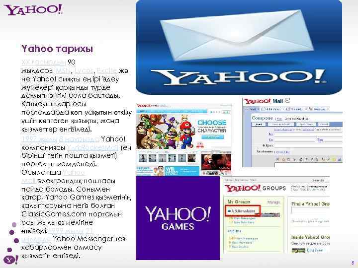 Yahoo тарихы ХХ ғасырдың 90 жылдары MSN, Lycos, Excite жә не Yahoo! сияқты ең
