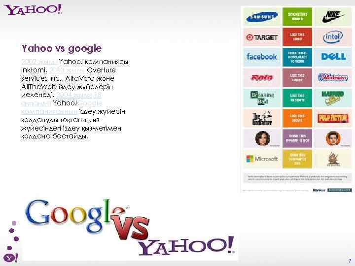Yahoo vs google 2002 жылы Yahoo! компаниясы Inktomi, 2003 жылы Overture services, Inc. ,