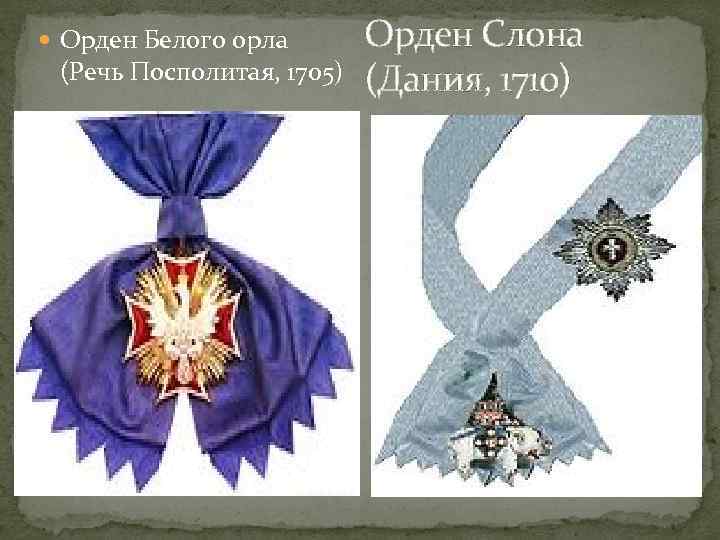  Орден Белого орла (Речь Посполитая, 1705) Орден Слона (Дания, 1710) 