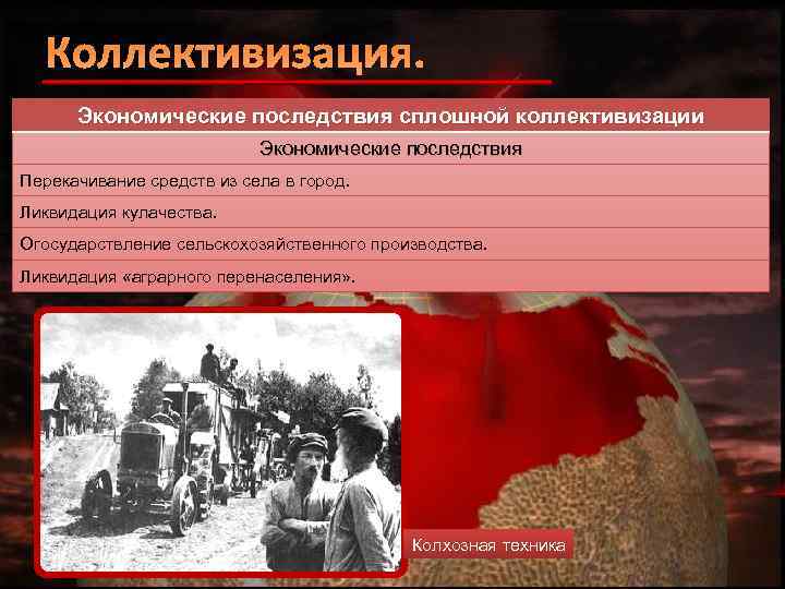 Коллективизация. Экономические последствия сплошной коллективизации Экономические последствия Перекачивание средств из села в город. Ликвидация