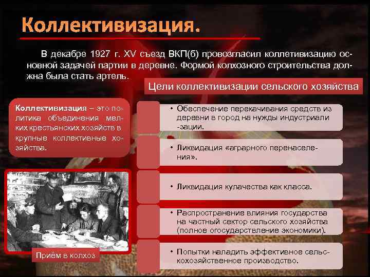 Коллективизация. В декабре 1927 г. XV съезд ВКП(б) провозгласил коллетивизацию основной задачей партии в