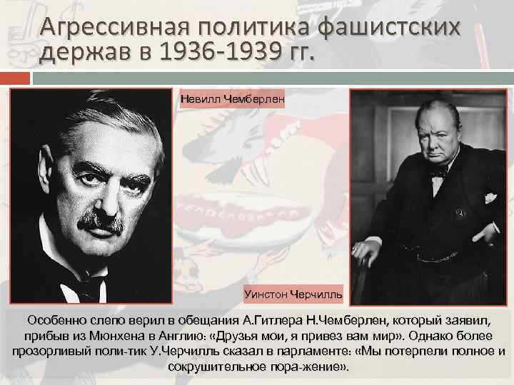Агрессивная политика фашистских держав в 1936 -1939 гг. Невилл Чемберлен Уинстон Черчилль Особенно слепо