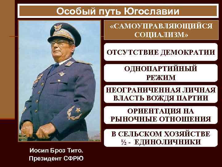 Особый путь Югославии «САМОУПРАВЛЯЮЩИЙСЯ СОЦИАЛИЗМ» САМОУПРАВЛЕНИЕ ОТСУТСТВИЕ ДЕМОКРАТИИ ТРУДОВЫХ КОЛЛЕКТИВОВ ОДНОПАРТИЙНЫЙ ВЫБОРНЫЕ СОВЕТЫ РАБОЧИХ