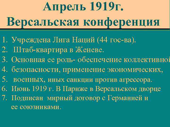 Апрель 1919 г. Версальская конференция 1. 2. 3. 4. 5. Учреждена Лига Наций (44