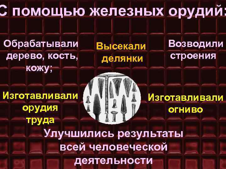 С помощью железных орудий: Обрабатывали дерево, кость, кожу; Изготавливали орудия труда Высекали делянки Возводили