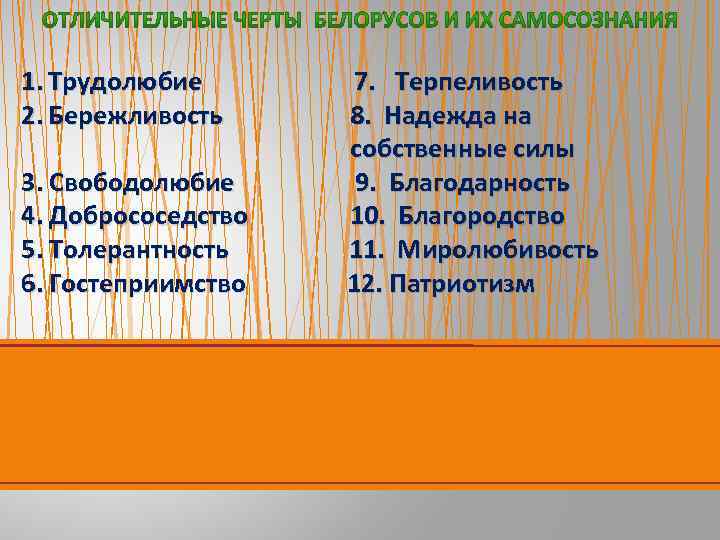 1. Трудолюбие 2. Бережливость 3. Свободолюбие 4. Добрососедство 5. Толерантность 6. Гостеприимство 7. Терпеливость