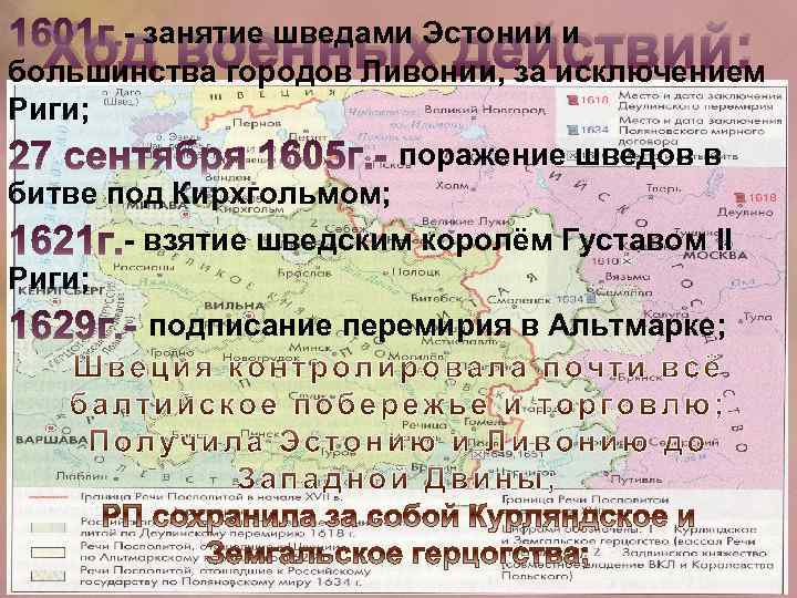 Ход военных действий: - занятие шведами Эстонии и большинства городов Ливонии, за исключением Риги;