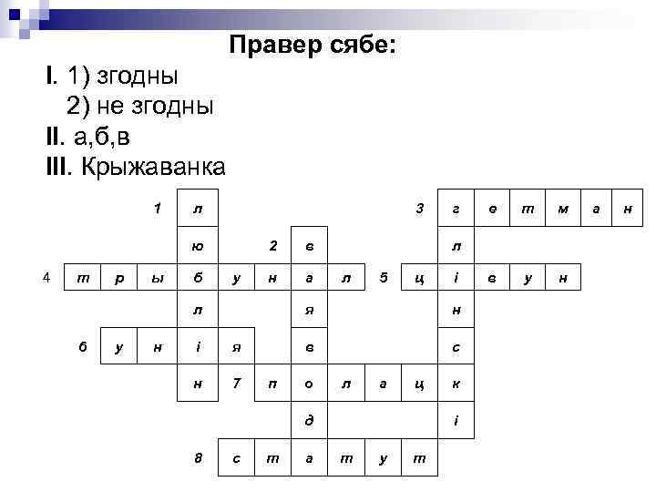 Правер сябе: I. 1) згодны 2) не згодны II. а, б, в III. Крыжаванка