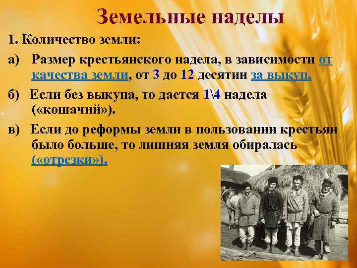 Земельные наделы 1. Количество земли: a) Размер крестьянского надела, в зависимости от качества земли,