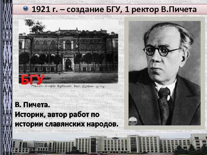 1921 г. – создание БГУ, 1 ректор В. Пичета БГУ В. Пичета. Историк, автор