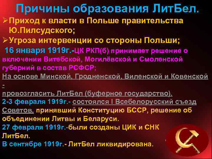 Причины образования Лит. Бел. ØПриход к власти в Польше правительства Ю. Пилсудского; ØУгроза интервенции