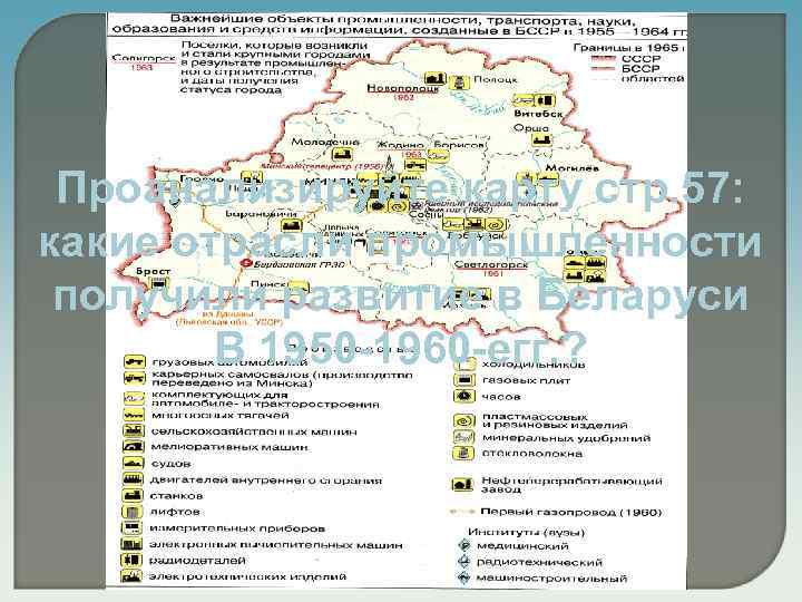 Проанализируйте карту стр. 57: какие отрасли промышленности получили развитие в Беларуси В 1950 -1960