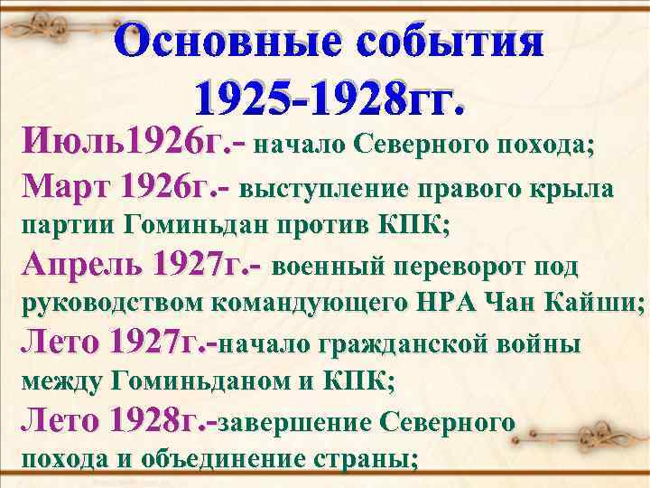 Основные события 1925 -1928 гг. Июль1926 г. - начало Северного похода; Март 1926 г.