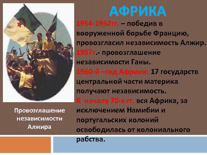 АФРИКА Провозглашение независимости Алжира 1954 -1962 гг. – победив в вооруженной борьбе Францию, провозгласил