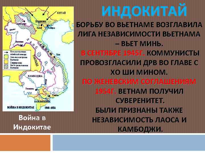 ИНДОКИТАЙ Война в Индокитае БОРЬБУ ВО ВЬЕТНАМЕ ВОЗГЛАВИЛА ЛИГА НЕЗАВИСИМОСТИ ВЬЕТНАМА – ВЬЕТ МИНЬ.