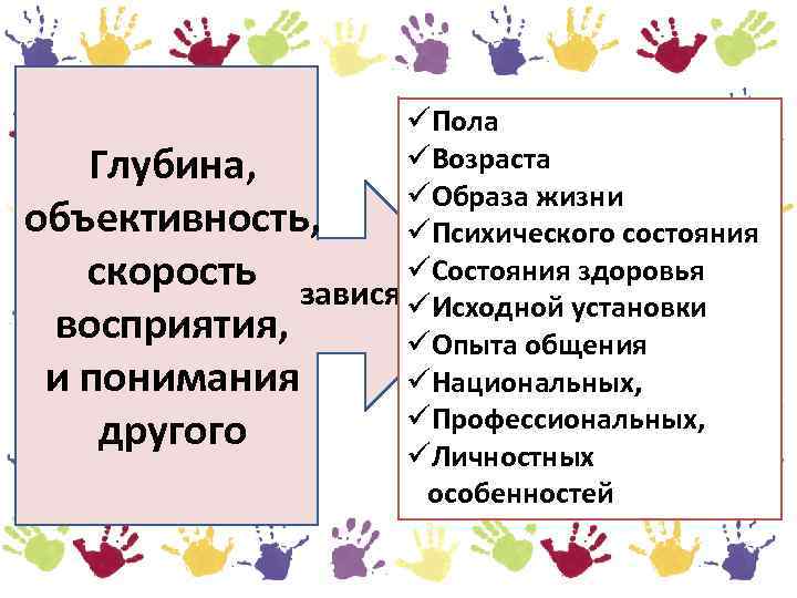 üПола üВозраста Глубина, üОбраза жизни объективность, üПсихического состояния üСостояния здоровья скорость зависят от üИсходной
