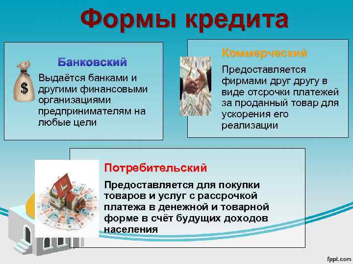 Формы кредита Банковский Выдаётся банками и другими финансовыми организациями предпринимателям на любые цели Коммерческий