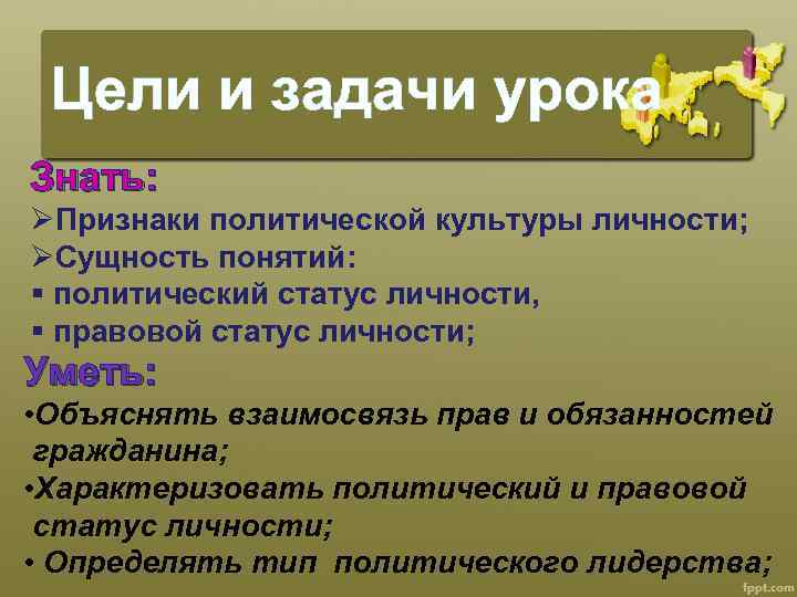 Цели и задачи урока Знать: ØПризнаки политической культуры личности; ØСущность понятий: § политический статус
