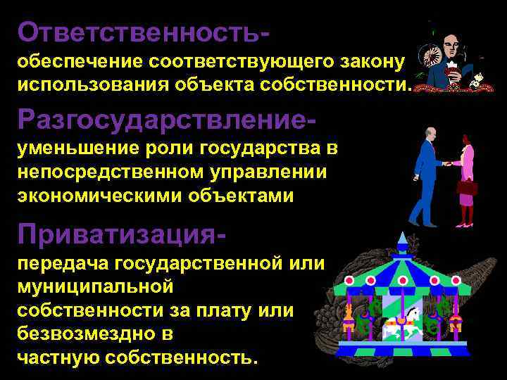 Ответственностьобеспечение соответствующего закону использования объекта собственности. Разгосударствлениеуменьшение роли государства в непосредственном управлении экономическими объектами