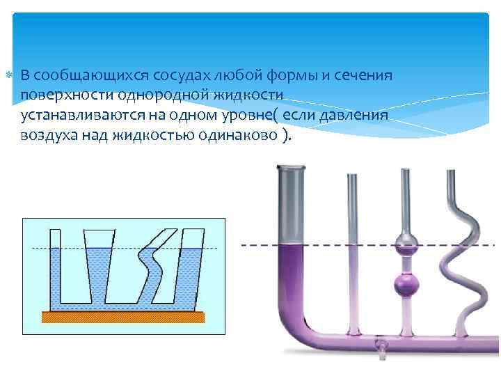 В сообщающихся сосудах любой формы и сечения поверхности однородной жидкости устанавливаются на одном
