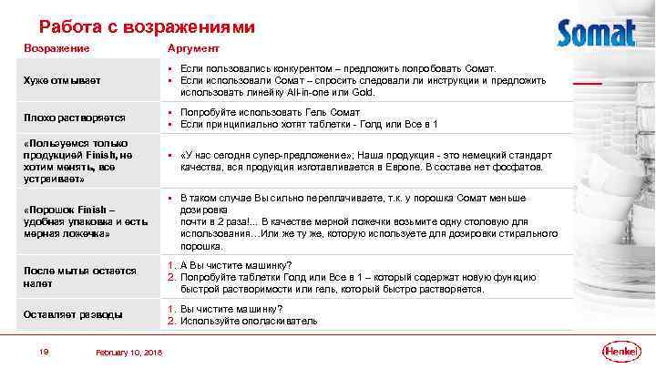 Работа с возражениями Возражение Аргумент Хуже отмывает § Если пользовались конкурентом – предложить попробовать