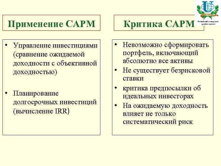 Применение CAPM • Управление инвестициями (сравнение ожидаемой доходности с объективной доходностью) • Планирование долгосрочных