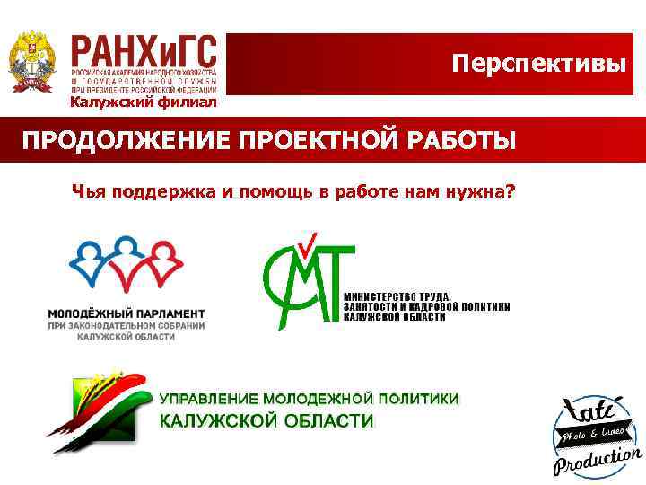 Перспективы Калужский филиал ПРОДОЛЖЕНИЕ ПРОЕКТНОЙ РАБОТЫ Чья поддержка и помощь в работе нам нужна?