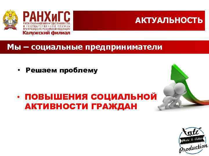 АКТУАЛЬНОСТЬ Калужский филиал Мы – социальные предприниматели • Решаем проблему • ПОВЫШЕНИЯ СОЦИАЛЬНОЙ АКТИВНОСТИ