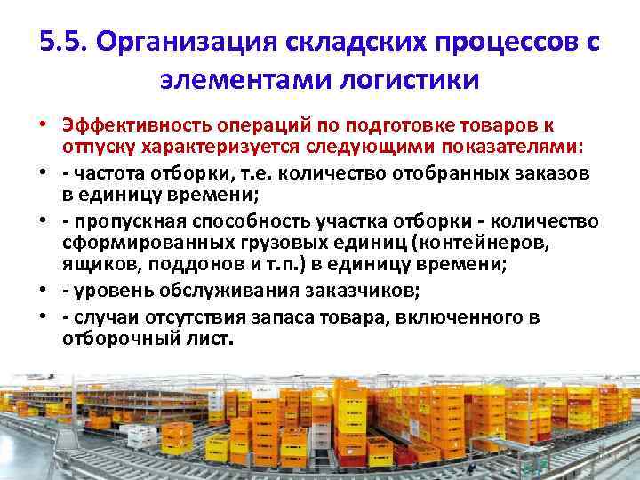 5. 5. Организация складских процессов с элементами логистики • Эффективность операций по подготовке товаров