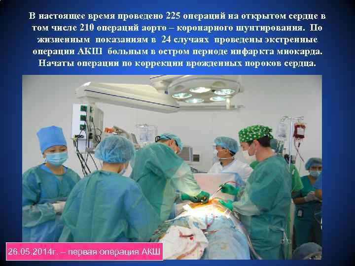 В настоящее время проведено 225 операций на открытом сердце в том числе 210 операций