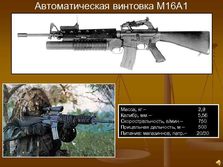 Автоматическая винтовка М 16 А 1 Масса, кг – 2, 9 Калибр, мм –