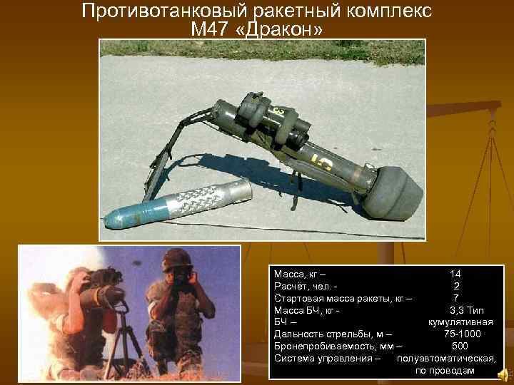 Противотанковый ракетный комплекс М 47 «Дракон» Масса, кг – 14 Расчёт, чел. - 2
