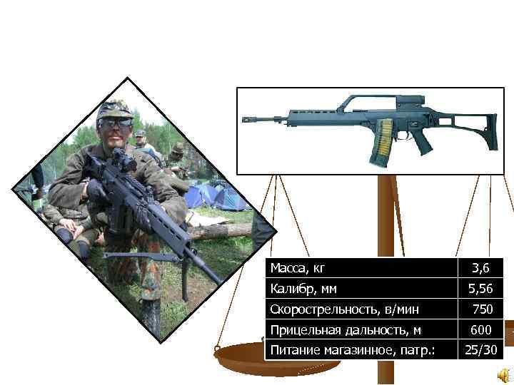 5, 56 -мм автоматическая винтовка G 36 Масса, кг 3, 6 Калибр, мм 5,