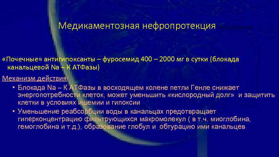 Медикаментозная нефропротекция (продолжение) «Почечные» антигипоксанты – фуросемид 400 – 2000 мг в сутки (блокада