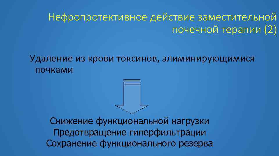 Нефропротективное действие заместительной почечной терапии (2) Удаление из крови токсинов, элиминирующимися почками Снижение функциональной