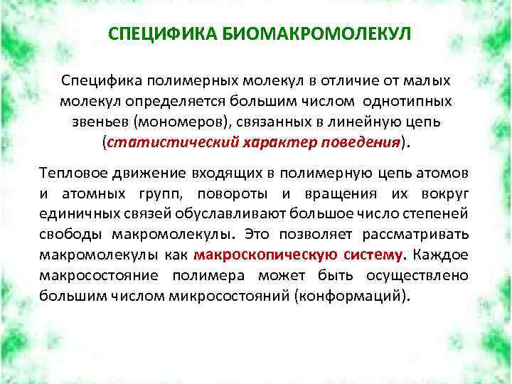 СПЕЦИФИКА БИОМАКРОМОЛЕКУЛ Специфика полимерных молекул в отличие от малых молекул определяется большим числом однотипных