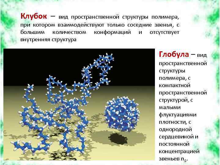 Клубок – вид пространственной структуры полимера, при котором взаимодействуют только соседние звенья, с большим