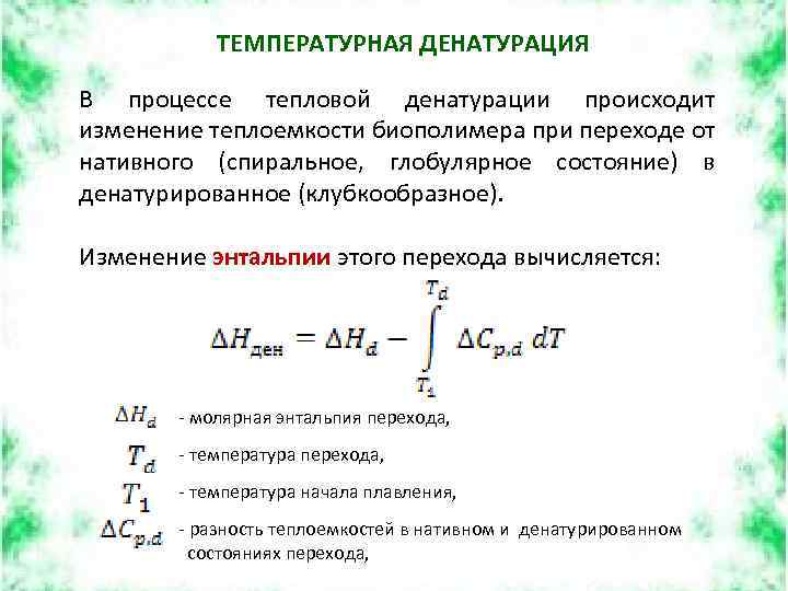 ТЕМПЕРАТУРНАЯ ДЕНАТУРАЦИЯ В процессе тепловой денатурации происходит изменение теплоемкости биополимера при переходе от нативного