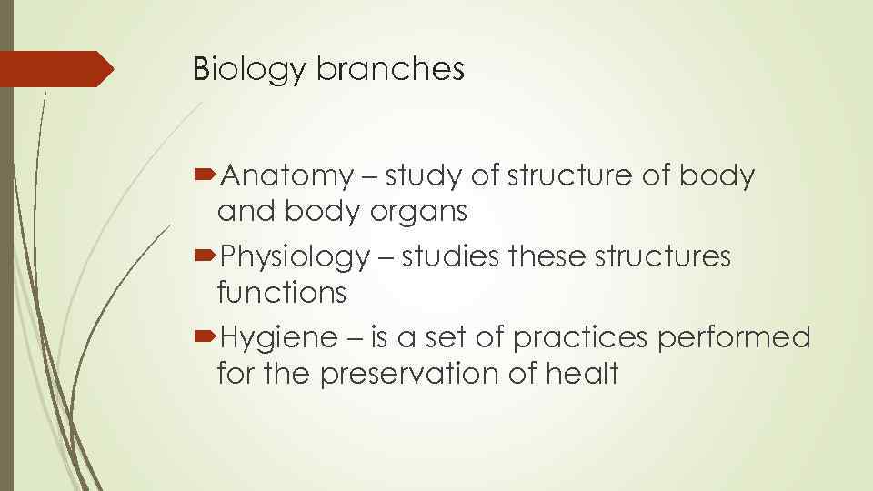 Biology branches Anatomy – study of structure of body and body organs Physiology –