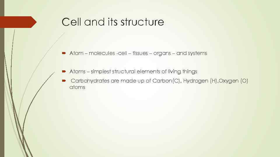 Cell and its structure Atom – molecules -cell – tissues – organs – and