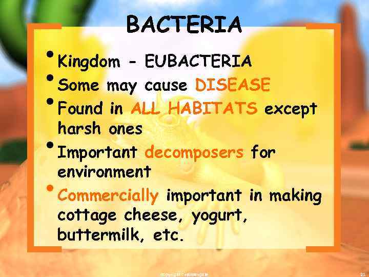 BACTERIA • Kingdom - EUBACTERIA • Some may cause DISEASE • Found in ALL