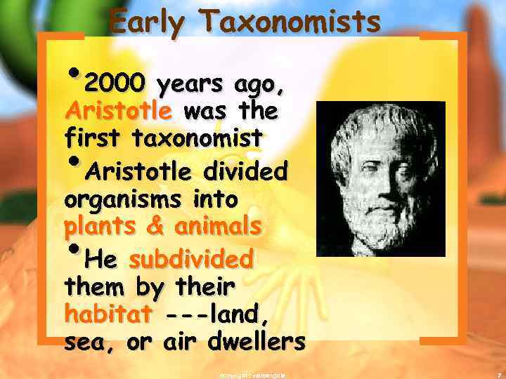 Early Taxonomists • 2000 years ago, Aristotle was the first taxonomist Aristotle divided organisms